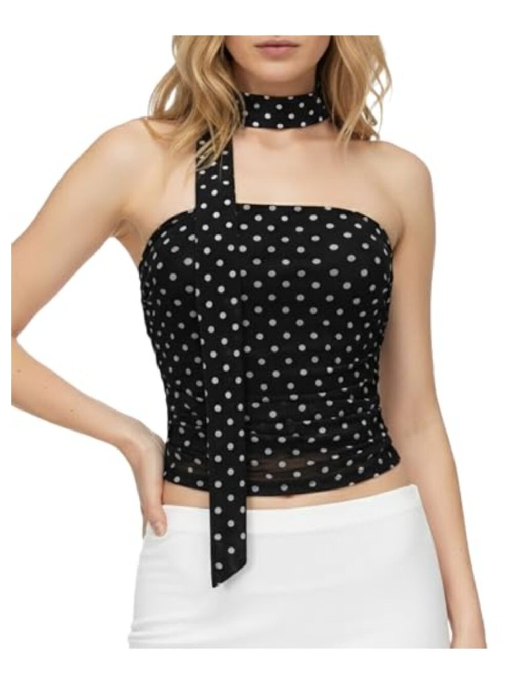 Stretchy Mesh Ruched Tube Top with Scarf Polka Dot Y2K